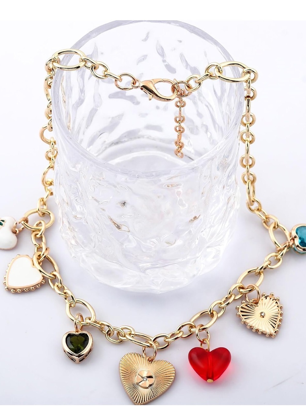 Anthropologie Gold Chain Necklace with Multicolor Heart Charms